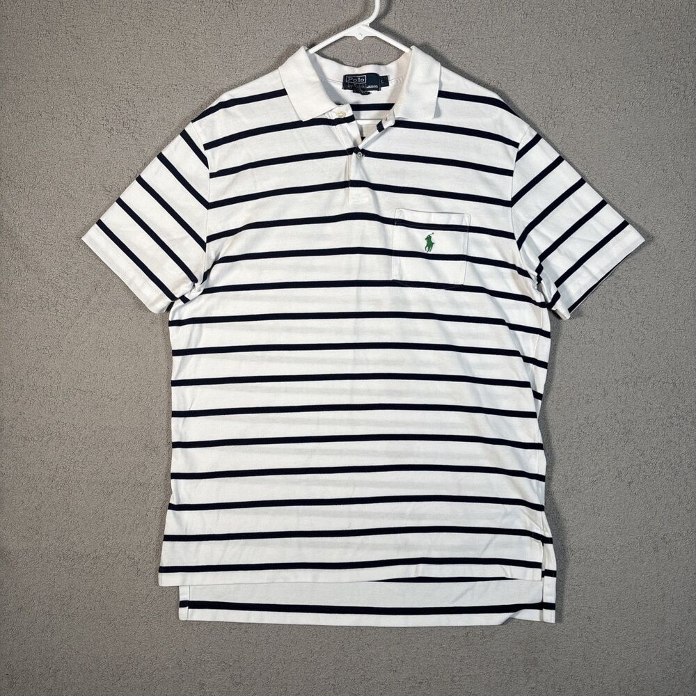 Polo By Ralph Lauren Polo Shirt Men’s Size L White Navy Blue Stripes Green Pony